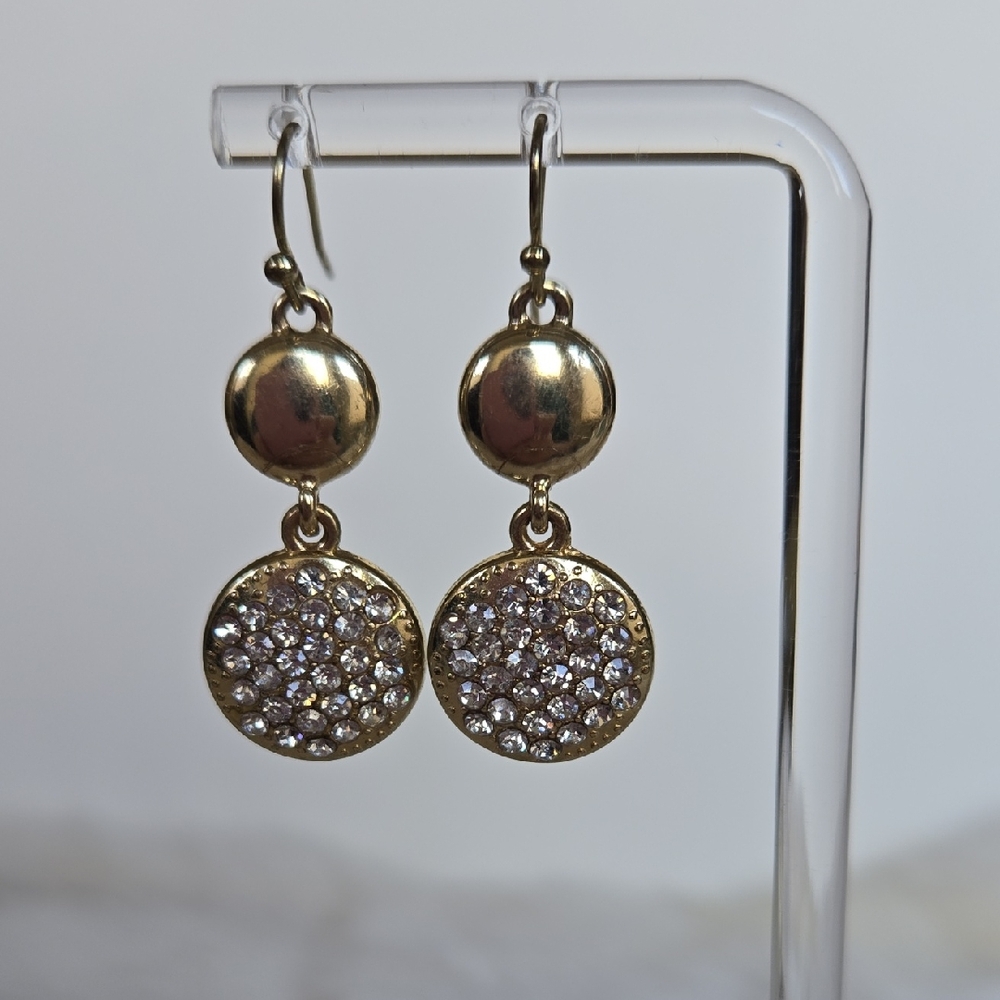 E-028-Lauren Conrad Gold Tone with Sparkly Clear Glass on Circular Disc Earrings